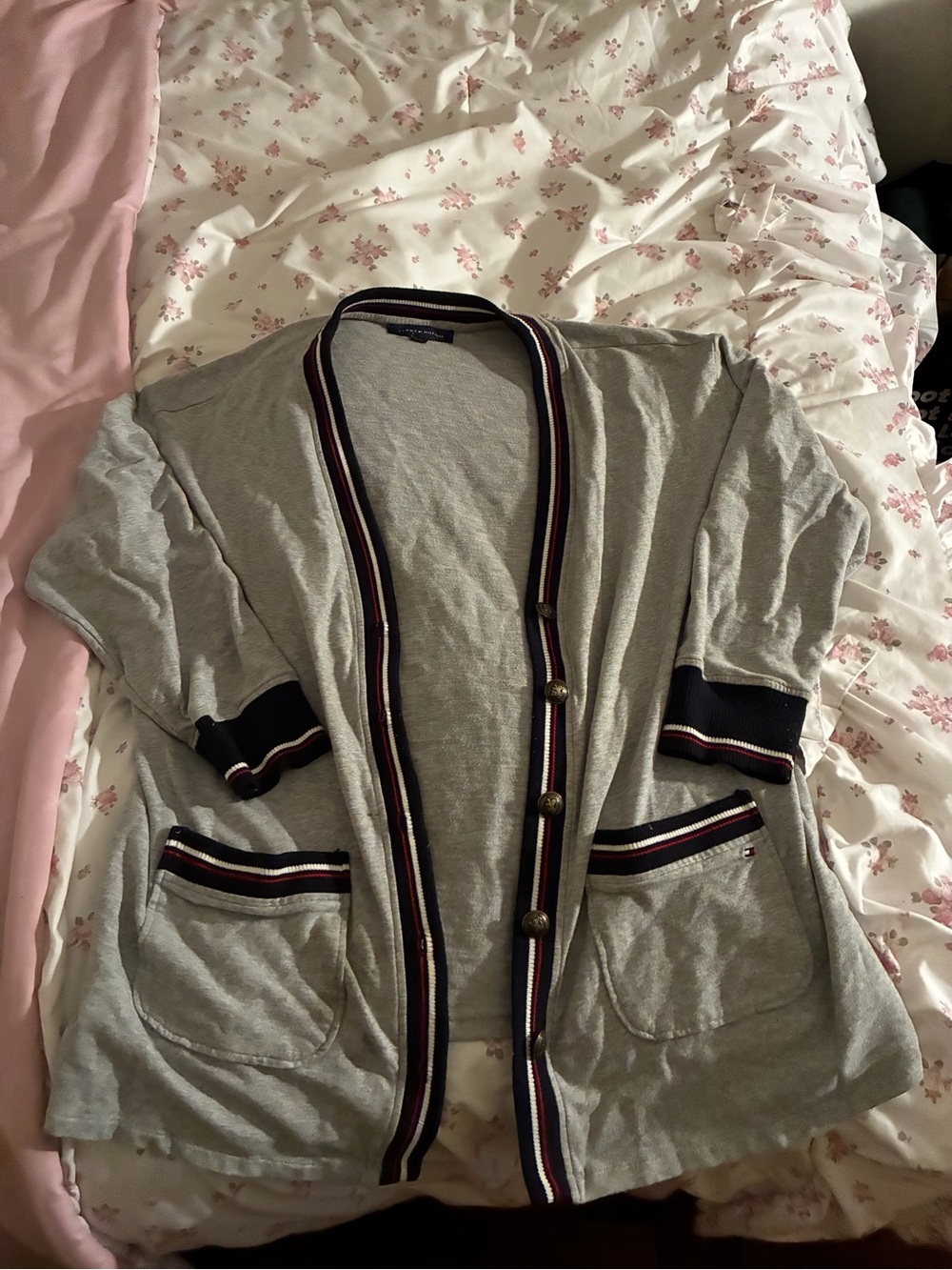 Tommy Hilfiger Light Gray Cardigan with Navy, Red & White Trim